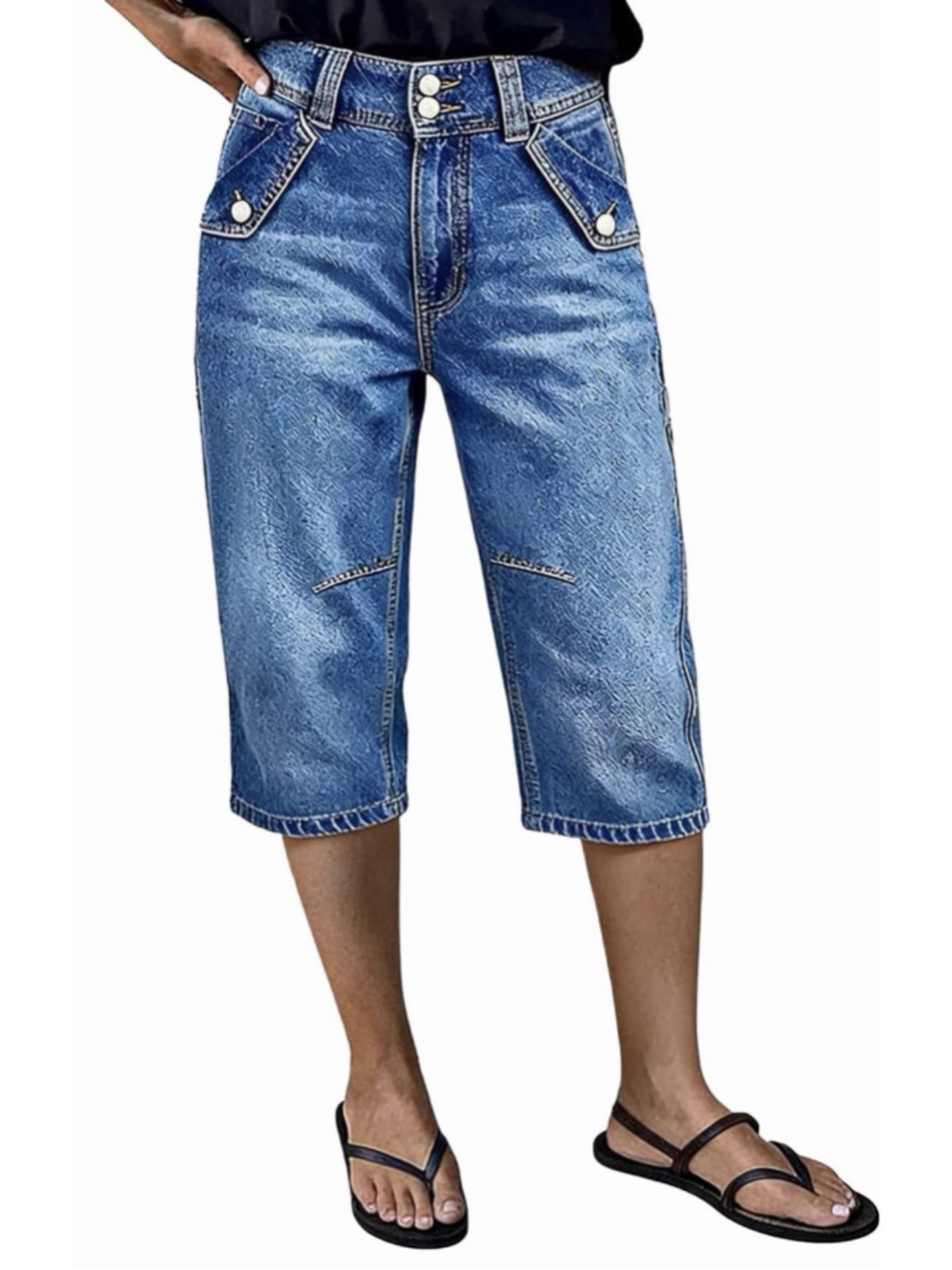 Flamingals Womens High Waist Barrel Leg Capri Jeans M